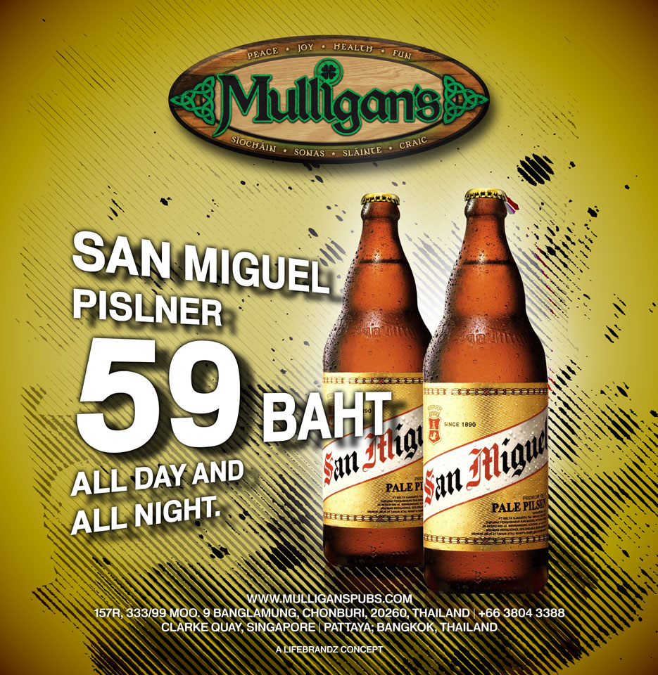 Mulligan's Pattaya San Miguel beer promotion poster