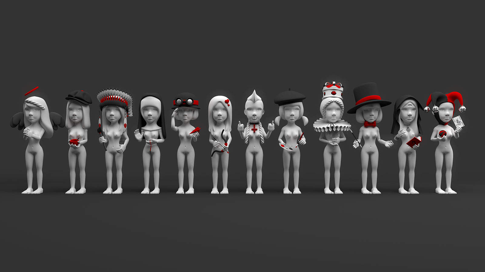 The complete 3D model set of Ava in her 12 archetype forms